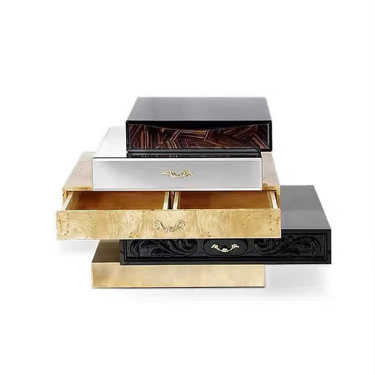 Modern Stacked Drawer Nightstand – Contemporary Multi-Material Luxury Bedside Storage Cabinet, Designer Hotel-Style Side Table with Mixed Finish Drawers