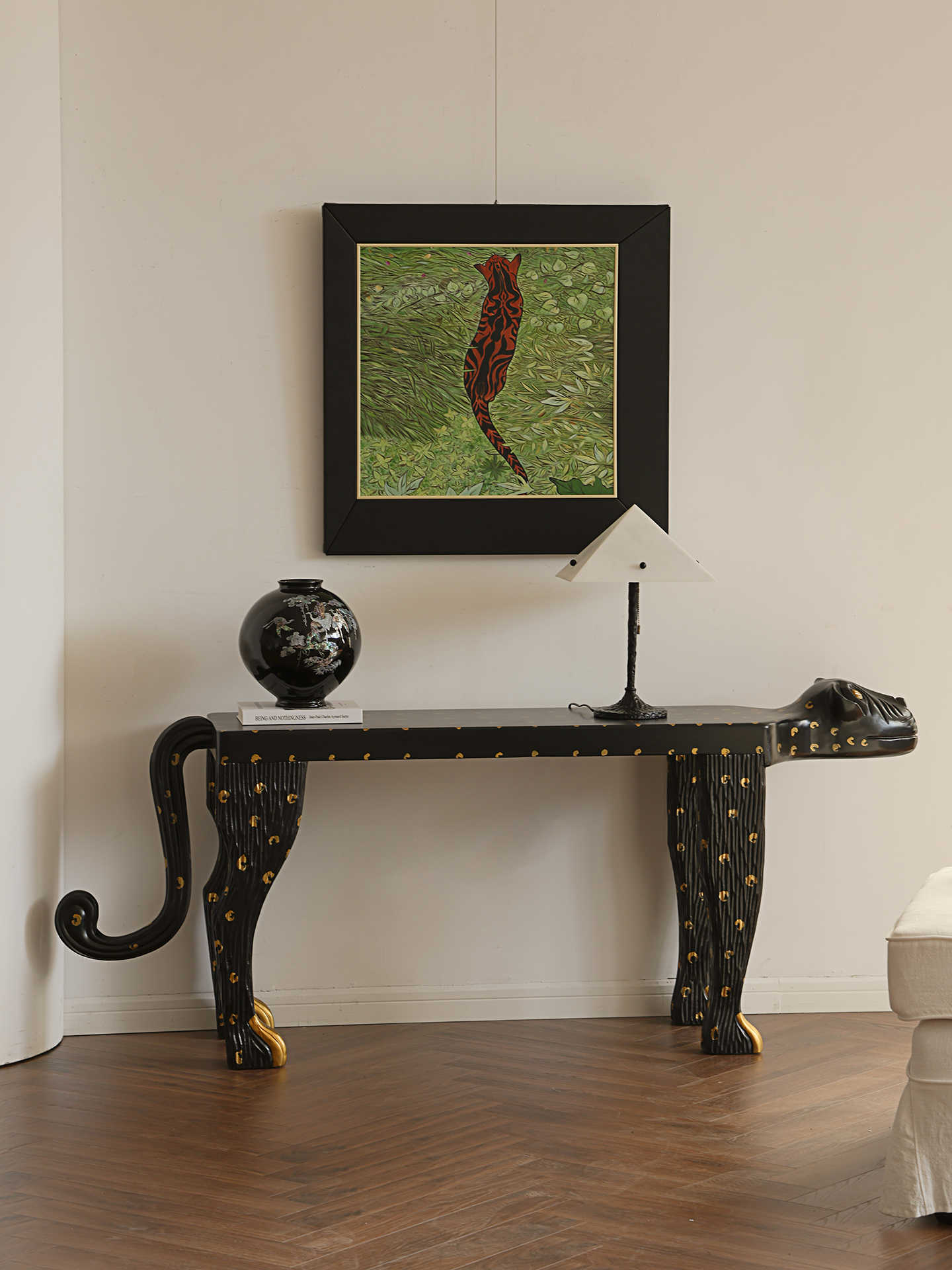 Luxe Mexican Jaguar Console Table – Black & Gold Sculptural Entryway Table with Jaguar Leg Design, Statement Art Furniture Piece
