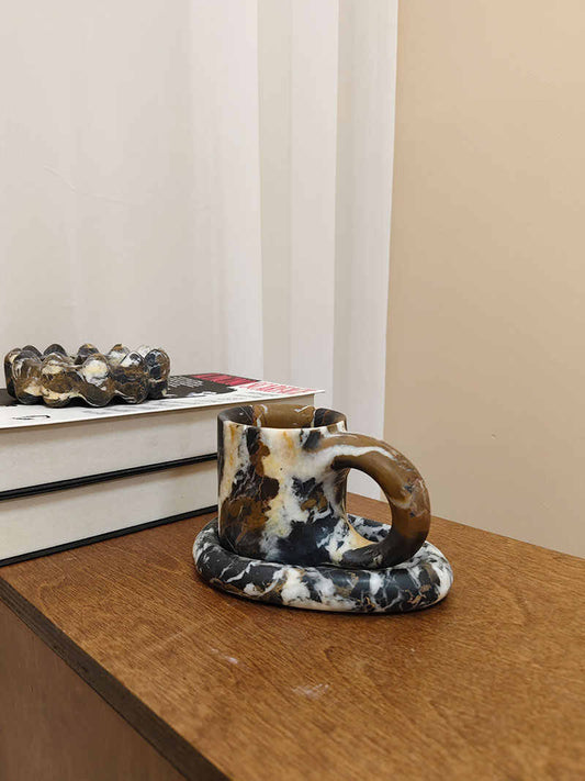 Natural Marble Coffee Mug – Designer Statement Cup with Saucer Set for Modern Home Styling