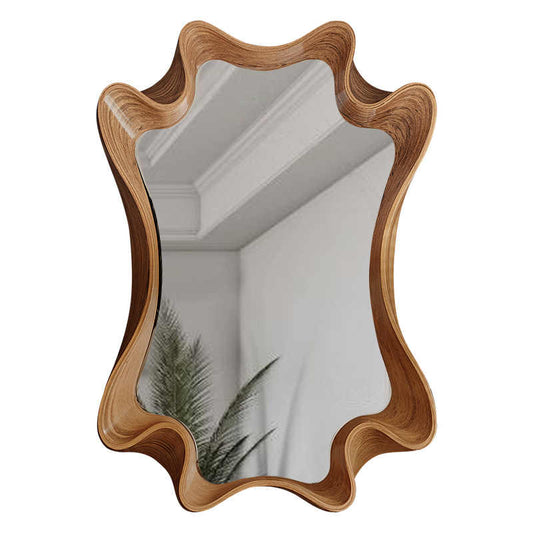 Luxury Irregular Solid Wood Carved Wall Mirror, Artistic Modern Vanity & Bathroom Decorative Hanging Mirror, Designer Statement Panel