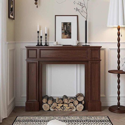 American Vintage Walnut Wood Fireplace Mantel with Storage, Traditional Decorative Mantel Shelf for Living Room & Entryway Display, Wedding Event Decor
