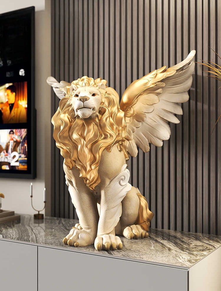 Majestic Winged Lion Sculpture – Gold & White Resin Griffin Statue for Modern Luxury Living Room or Foyer Decor