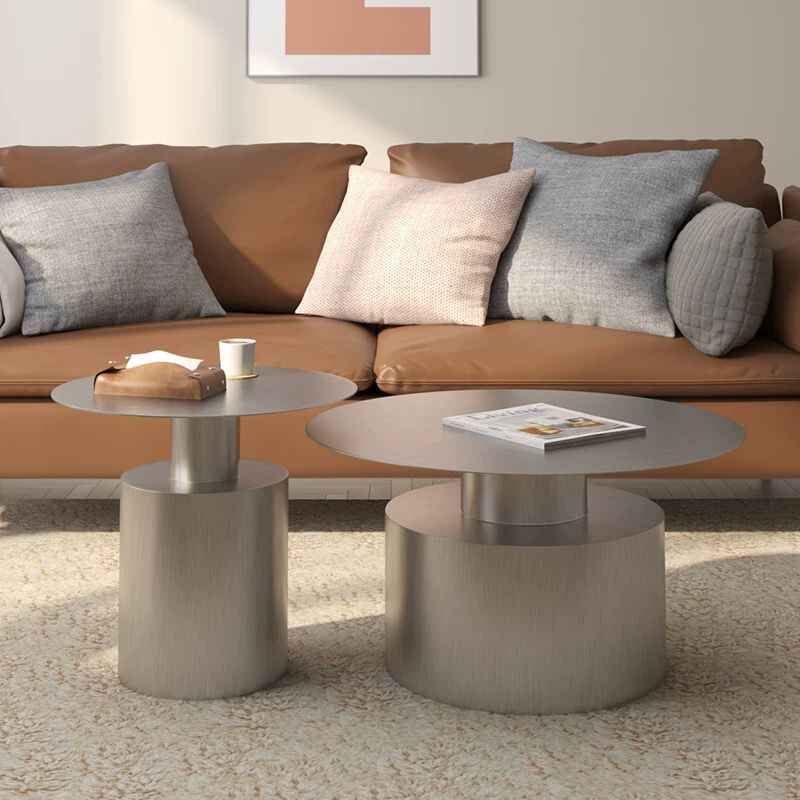 Designer Brushed Stainless Steel Coffee Table Set, Modern Luxury Metal Round Sofa Side Table, Minimalist Living Room Combination (Small & Large)