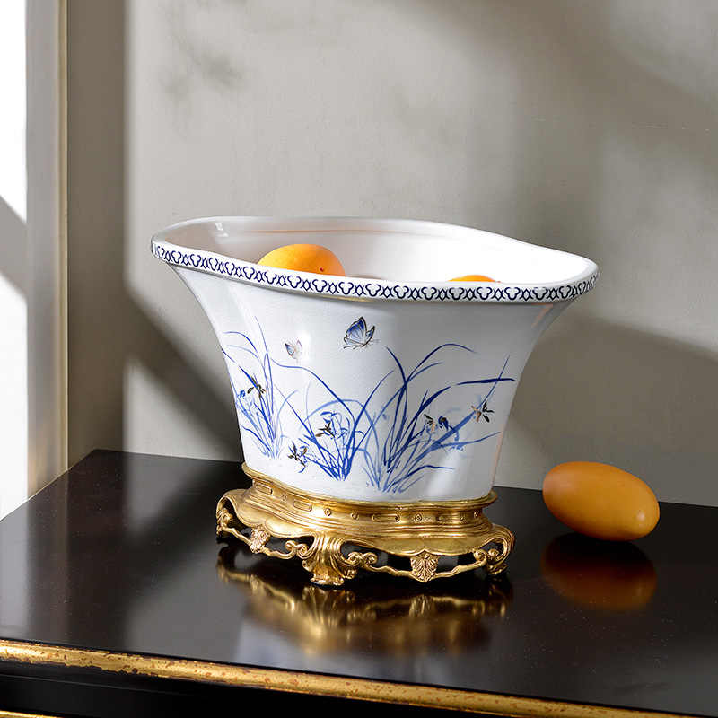 Blue and White Orchid Porcelain Brass Fruit Bowl – Decorative Planter and Centerpiece Basin for Living Room, Foyer, and Dining Table
