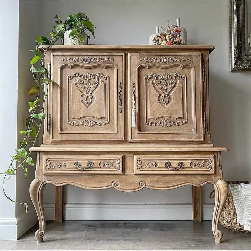 French Provincial Hand-Carved Hutch Cabinet with Curved Legs, Solid Wood Two-Door China Cabinet with Display Shelving, Custom Country Style Furniture