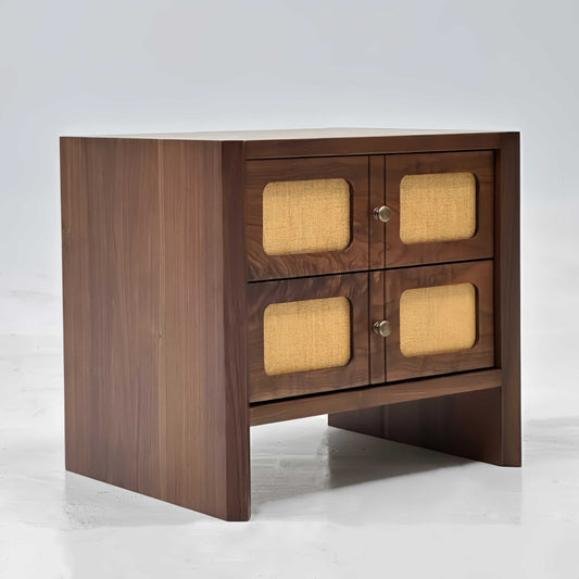 Designer Rattan & Solid Wood Bedside Cabinet, Minimalist Vintage Nightstand for Bedroom, Storage Table – Pre-Assembled