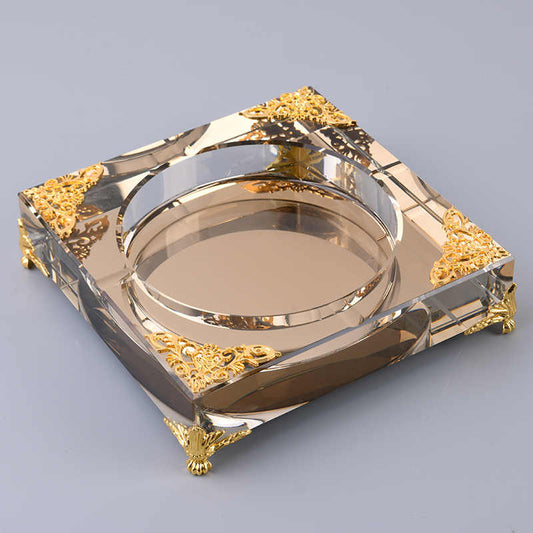 Luxury Crystal Glass Ashtray with Gold Accents, Premium Square Design with Ornate Corner Details for Office Hotel Living Room, High-End Smoking Accessory