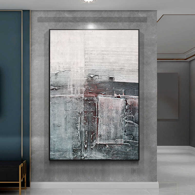 Modern Minimalist Large Black White Gray Abstract Hand-Painted Canvas Wall Art, Vertical Textured Oil Painting with Black Aluminum Frame, Living Room & Entryway