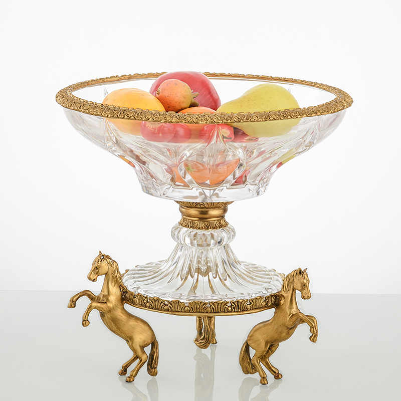 Crystal Glass Fruit Bowl with Brass Horse Pedestal – Luxury Centerpiece for Living Room, Dining Table, and Event Décor