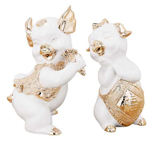 Creative Couple Pig Figurines – Resin Lucky Charm Statues for Living Room, Entryway, TV Cabinet, Housewarming Gift (Rose Gold, Pair)