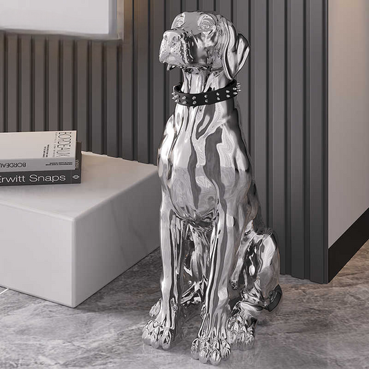 Chrome Dog Floor Sculpture, Modern Luxury Sitting Puppy Decor for Living Room, Entryway, TV Cabinet, Office