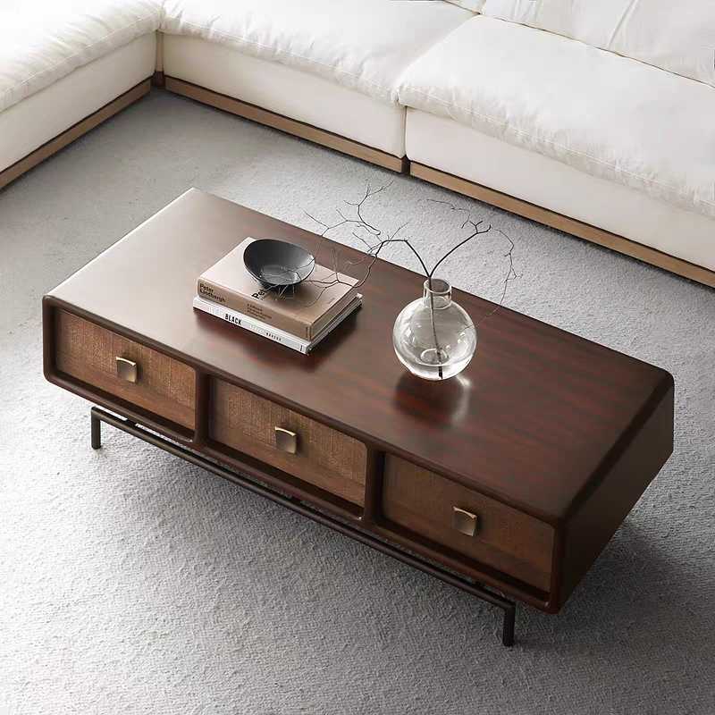 Walnut Mid-Century Modern Coffee Table with 6 Rattan Drawers – Asian Style Retro Living Room Table, Import Quality Storage Furniture for Small Spaces