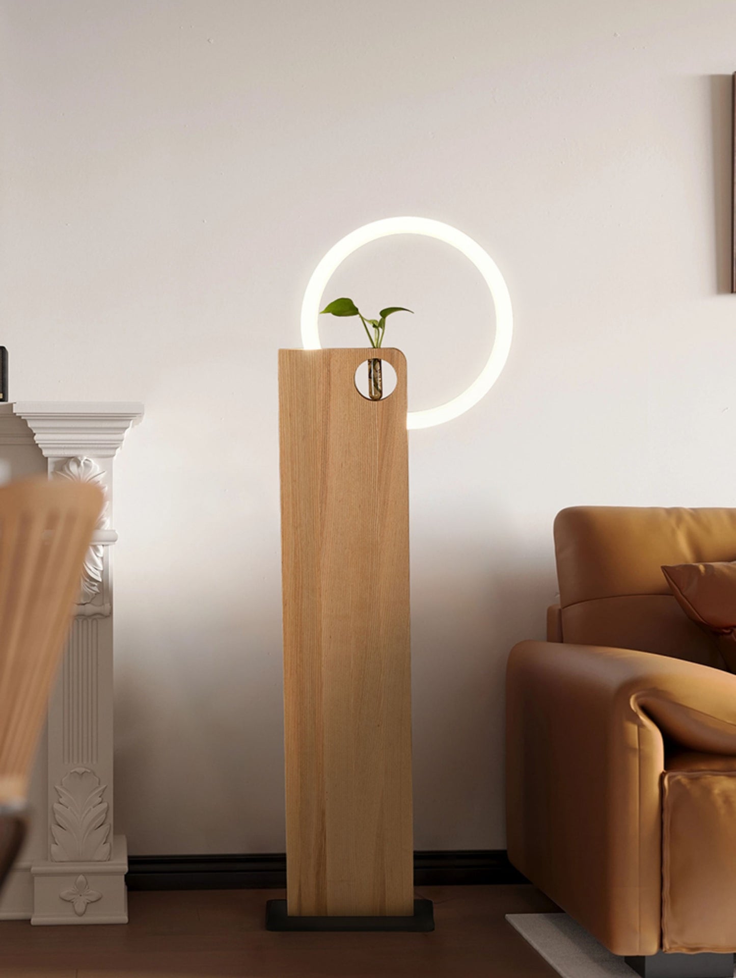 Modern Floor Lamp with Wooden LED Ring, Minimalist Solid Wood Plant Stand Accent Light, Decorative Tall Standing Lamp for Living Room, Bedroom, Study