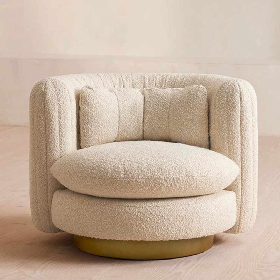 Luxury Boucle Designer Club Chair – Minimalist Modern Swivel Lounge Accent, Plush Teddy Fabric Single Sofa, Beige
