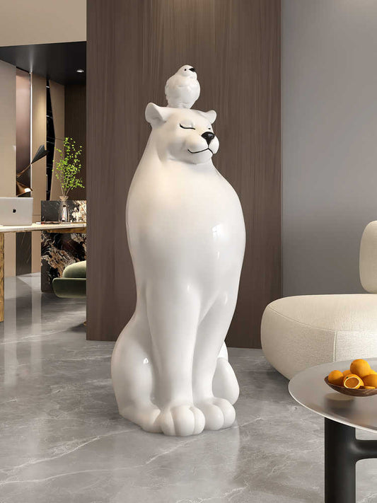 Luxury Giant Bear Floor Sculpture with Bird – White Ceramic Large Statement Piece, Contemporary Animal Art for Entryway & Living Room