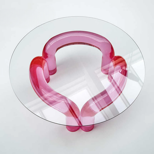 Designer Magenta Resin Leg Coffee Table, Modern Minimalist Round Glass Top Center Table for Living Room, Café, Showroom