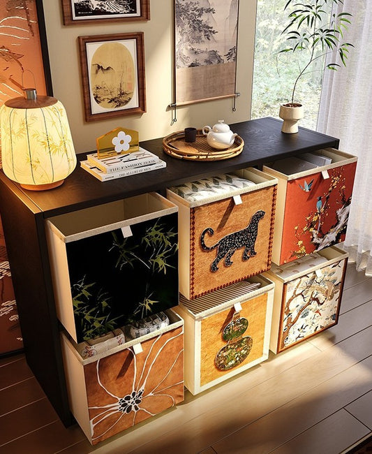 Premium Style Collapsible Storage Cube with Artistic Panels, Large Capacity Fabric Organizer Box with Animal & Nature Motifs, Stackable Modular Storage System