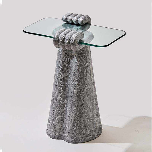 Ukrainian Fiberglass Hand Sculpture Side Table with Tempered Glass Top, Creative Palm Gesture Accent Table for Living Room