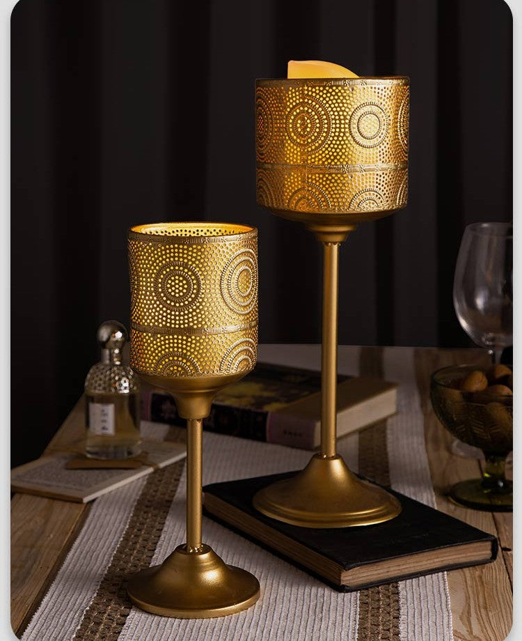 European Vintage Gold Perforated Metal Candle Holder, French Romantic Dining Table Candlestick for Christmas & Wedding