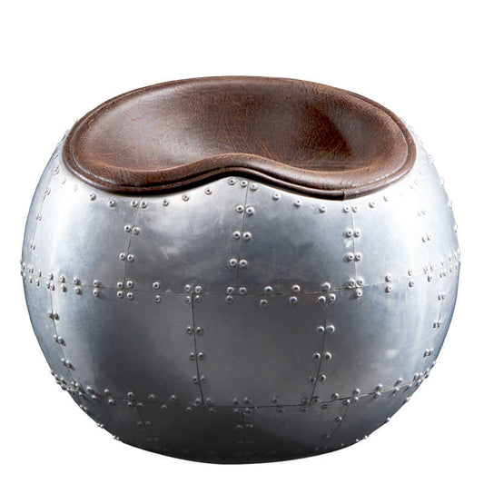 SPITFIRE Aluminum Riveted Sphere Ottoman with Leather Top, Aviation-Inspired Industrial Metal Accent Stoo
