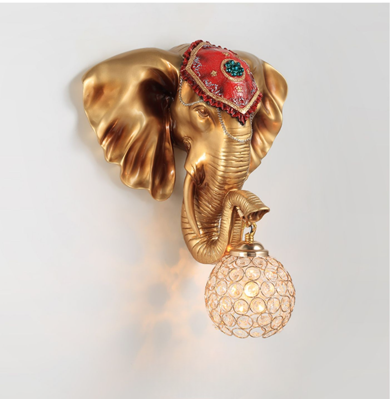 Creative Elephant Wall Sconce Light – White Decorative Animal Lamp with Crystal Globe Shade for Living Room, Bedroom, Hotel, Corridor, or Staircase