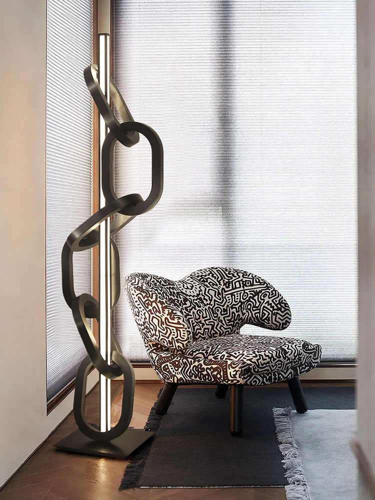 Designer Black Chain Ring Sculpture Floor Lamp, Modern Creative Sand Black Stainless Steel Lighting for Showroom/Living Room/Luxury Decor