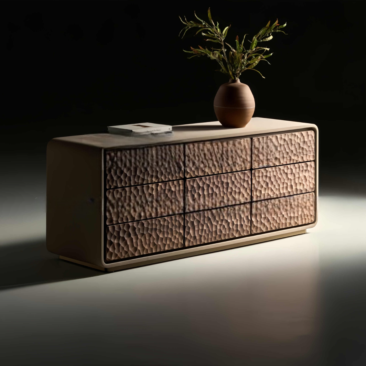 Vintage Solid Wood Hammered Texture Sideboard, Designer Buffet Storage Cabinet for Living Room Entryway, 8-Drawer Modern Chest