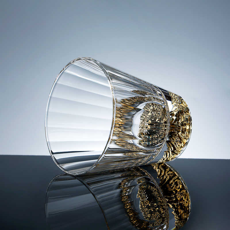 Gold Mountain Crystal Whiskey Glass, Luxury Striped Wide-Rim Spirits Tumbler for Home Bar, Premium Beer & Cocktail Glass with Gift Box