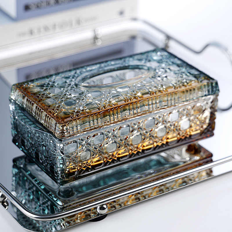 Luxury Emerald Gold Glass Tissue Box, Premium Gradient Crystal Napkin Dispenser with Ornate Pattern for Hotel Desktop, High-End Home Décor Storage