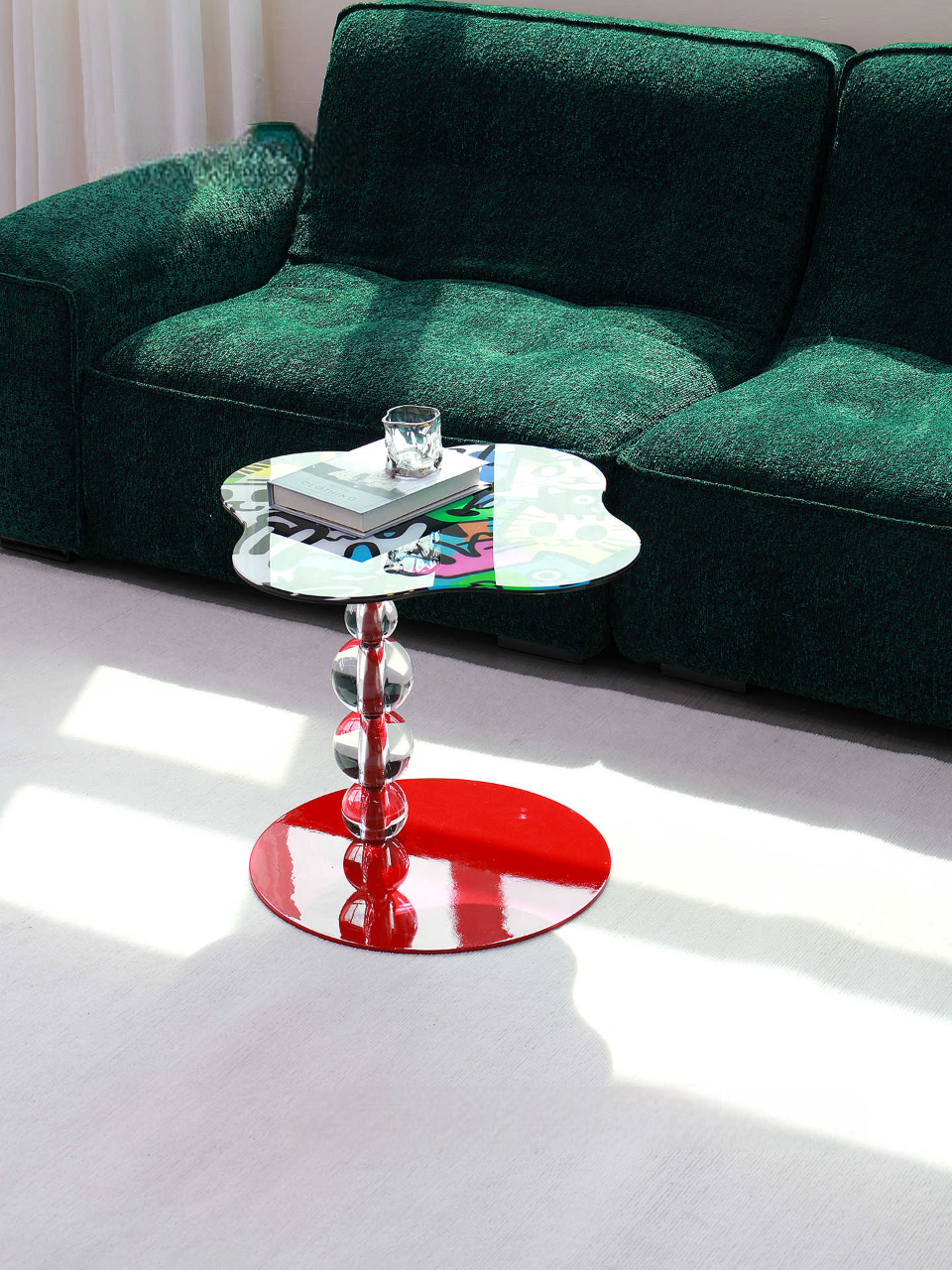 Dopamine Graffiti Glass Side Table, Artistic Modern Sofa End Table with Bold Patterned Top for Living Room or Balcony