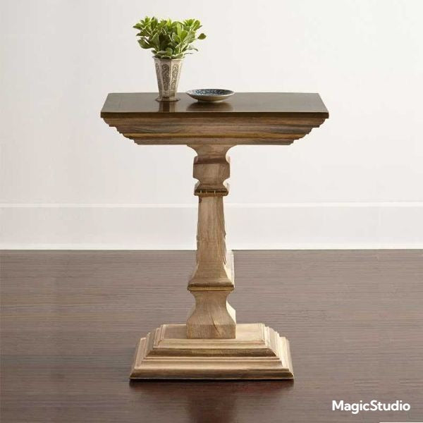 Country Vintage Solid Wood Pedestal Side Table – Rustic Distressed Accent Flower Stand, Classic Hallway Display Table