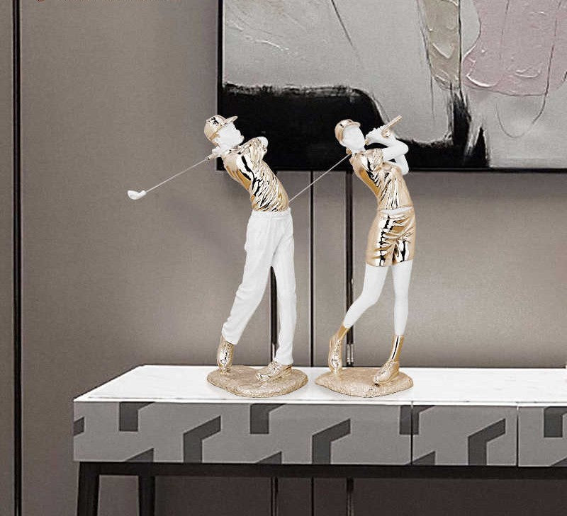 Luxury Rose Gold Golf Player Sculpture Set – Elegant Male and Female Resin Figurines for Modern Home, Office, or Bar Décor