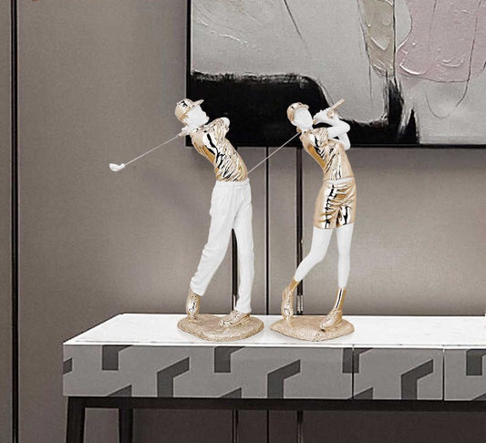 Luxury Rose Gold Golf Player Sculpture Set – Elegant Male and Female Resin Figurines for Modern Home, Office, or Bar Décor
