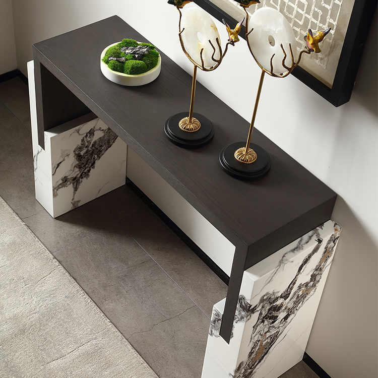 Luxury Ash Wood Console Table with Marble Accents, Modern Minimalist Entryway Hall Table for Villa Hotel Designer Style, Premium End Table