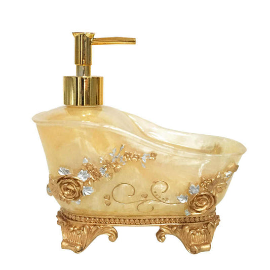 Vintage Floral Liquid Soap Dispenser Bottle with Pump, Decorative Gold Resin Lotion Container, Elegant Countertop Refillable Bottle for Bathroom, Hotel, or Salon