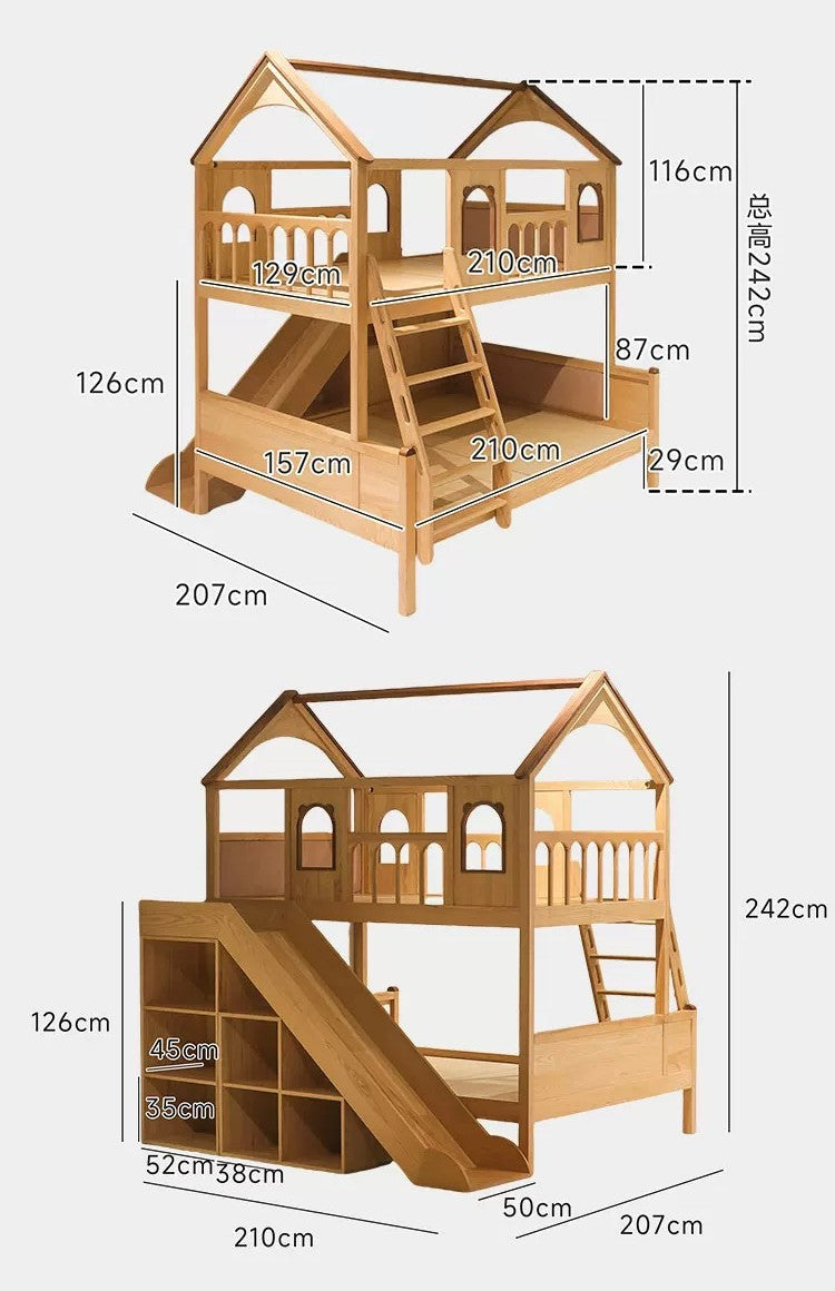 Solid Wood House Bunk Bed with Slide – Twin Over Full Playhouse Kids Bed, Natural Wood Children's Bedroom Furniture, Multi-Function Loft Bed for Boys and Girls