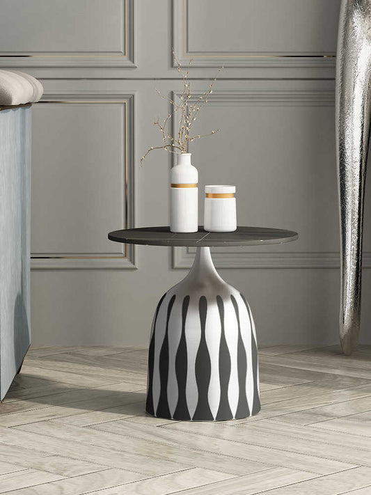 Modern Luxury Black Marble Low Side Table, Small Accent Table with Silver-Black Patterned Base, Compact Coffee Table for Sofa, Living Room, Apartment