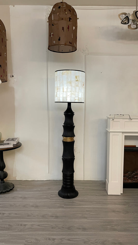 Artistic Cloud Stone Floor Lamp, Checkered Marble Shade, Luxury Wood Carved Column, Designer Style for Living Room, Bedroom, Study