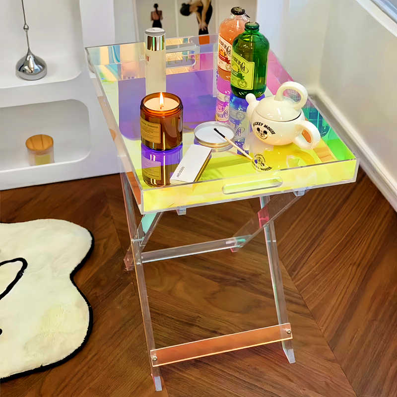 Iridescent Acrylic Folding Tray Table – Modern Multifunctional Bedside Coffee Side Table, Space-Saving Compact Art Deco End Table for Bedroom Living Room, Portable Storage Shelf