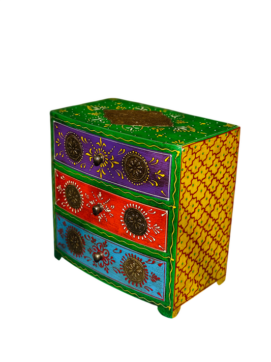 Hand-Painted Wood Jewelry Box with 3 Drawers and Metal Accents