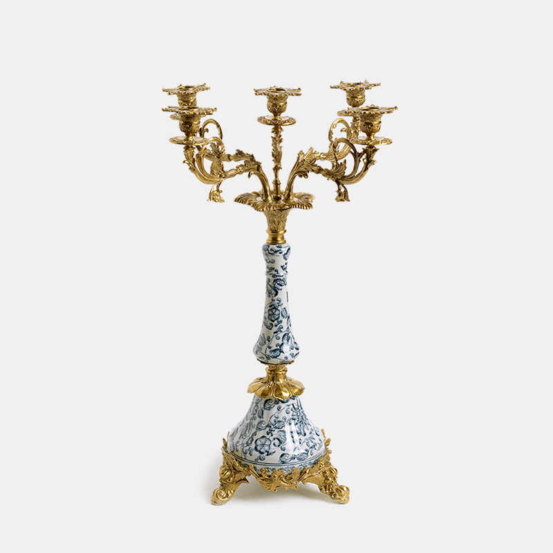 Blue and White Porcelain Brass 5-Arm Candelabra – European Court Style Candle Holder for Luxury Villas, Palaces, and Centerpiece Decor