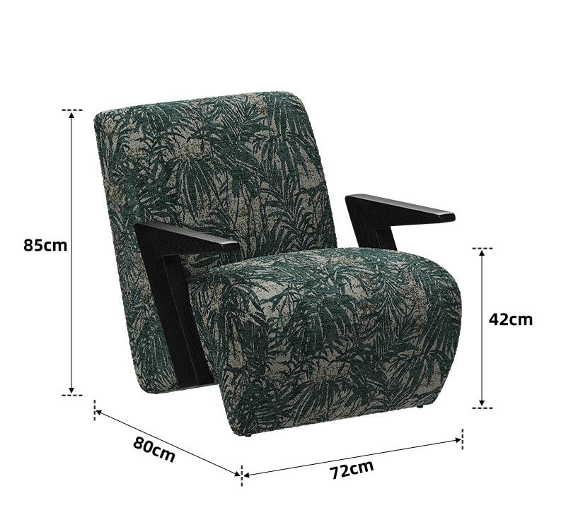 Modern Vintage Relaxed Armchair, Solid Wood Framed Creative Single Sofa with Botanical Shadow Pattern Fabric, Designer Reading and Lounge Chair for Living Room, Club, or Hotel Suite (Black Ash)