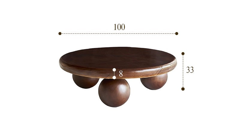 Vintage Solid Wood Ball Coffee Table, Deep Walnut Round Low Table for Living Room