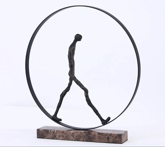 Modern Abstract Metal Walking Man Sculpture with Marble Base, Minimalist Artistic Figurine for Living Room, Office, Shelf Decor, TV Cabinet, Entryway Display