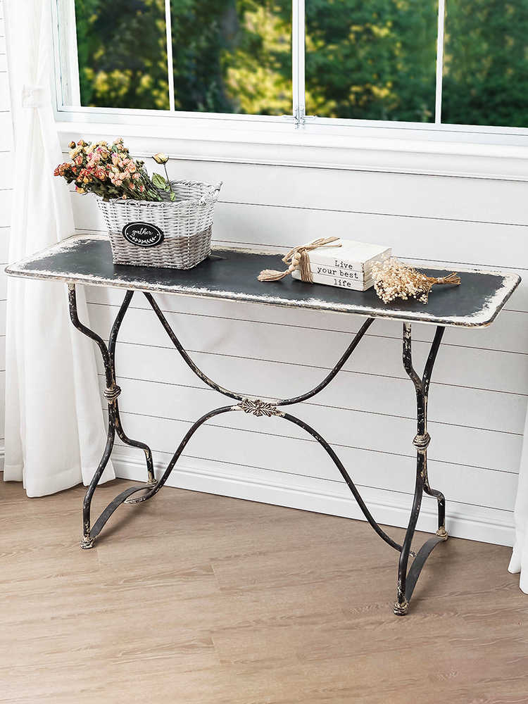 Vintage Industrial Iron Console Table, Black Metal Entryway Table, Rustic Garden Workbench, Living Room Accent Display Desk