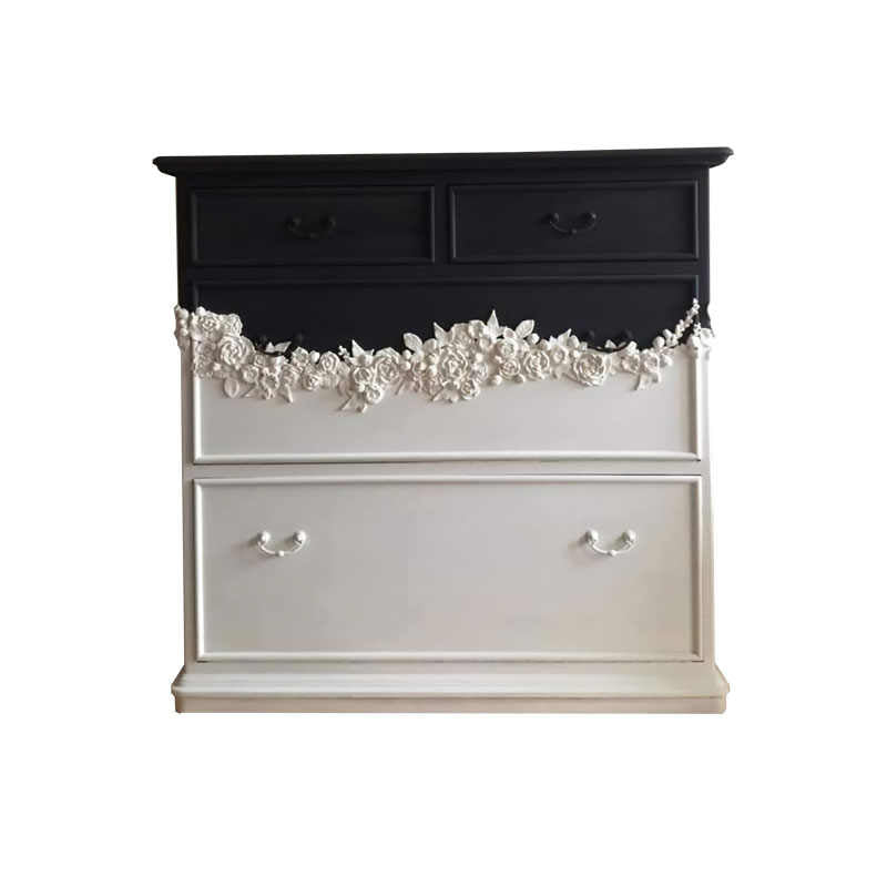Vintage Two-Tone Carved Floral Solid Wood Dresser – Black & White Luxury Entryway Chest