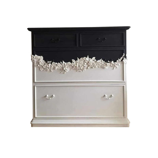Vintage Two-Tone Carved Floral Solid Wood Dresser – Black & White Luxury Entryway Chest