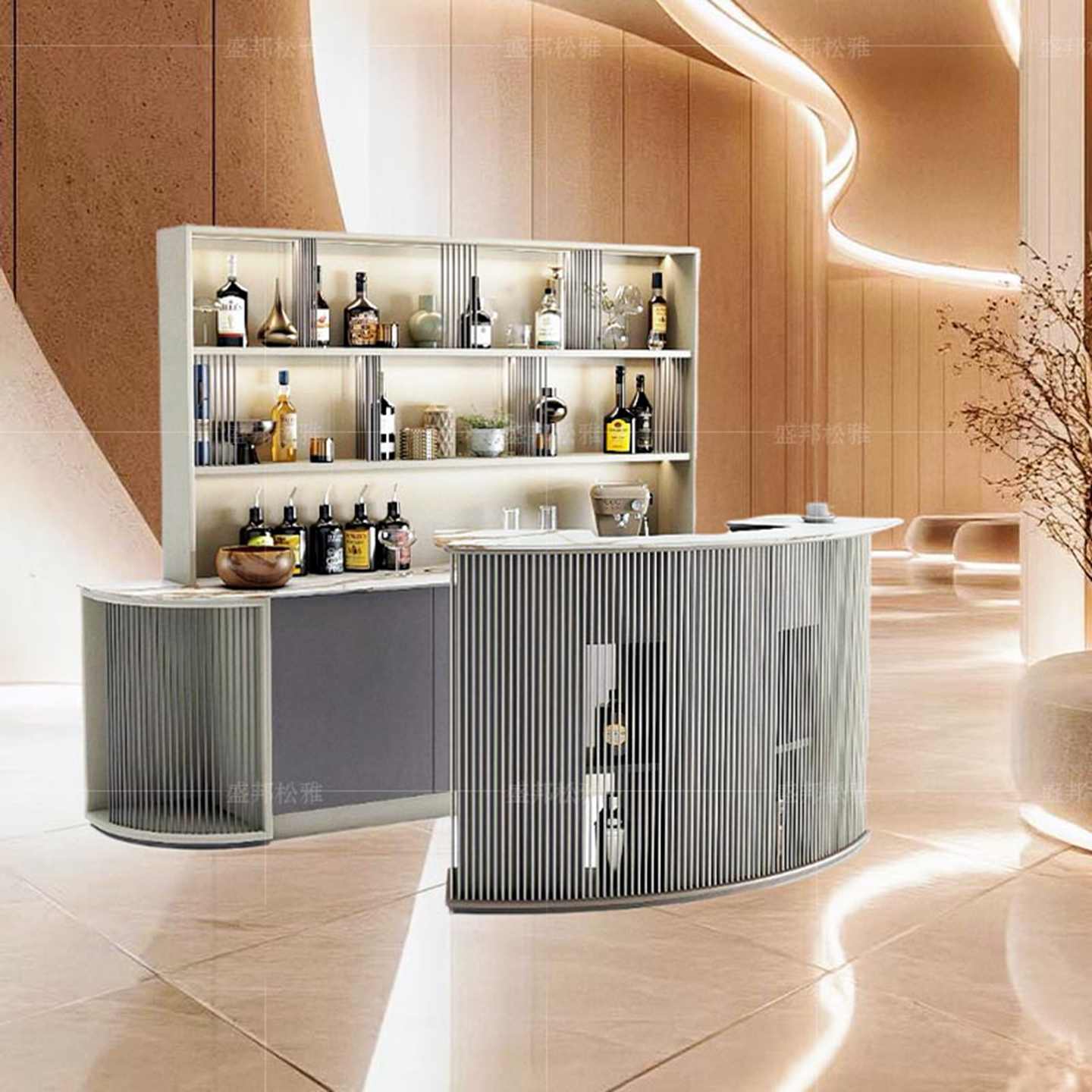 Luxury Curved Bar Cabinet System – Modern Open Display Bar Unit with LED Lighting, Designer Multi-Level Wine Storage for Contemporary Living Rooms