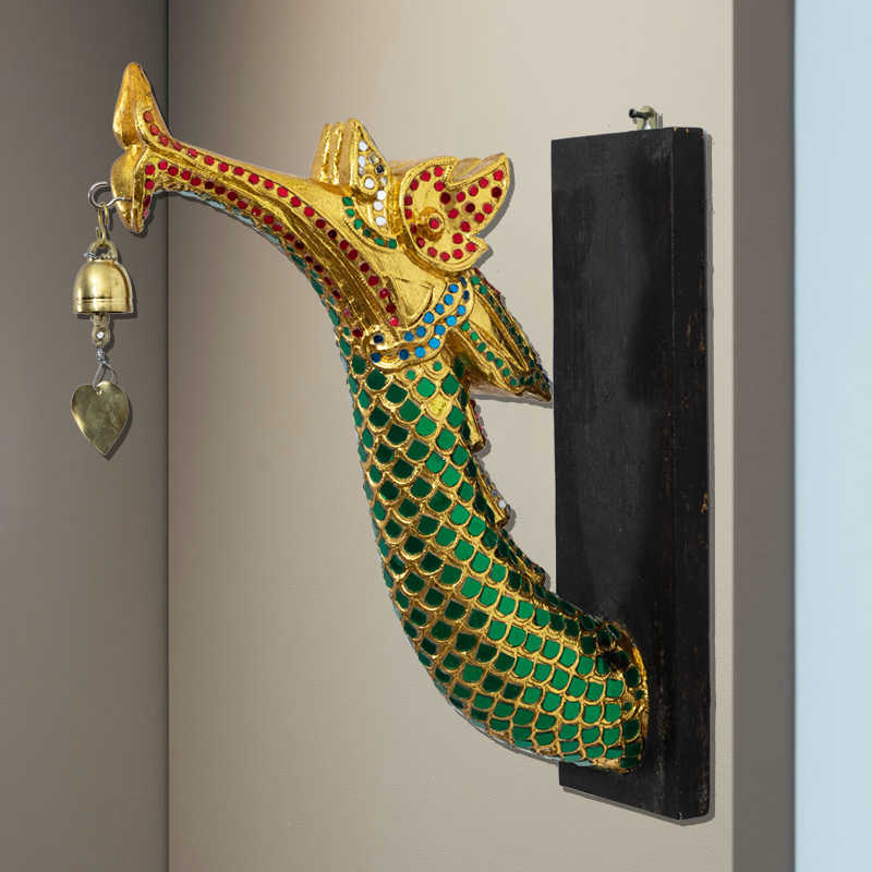 Thai Dragon Naga Wall Sculpture Set with Hanging Bells, Authentic Southeast Asian Temple Art for Spa & Hotel Decor,