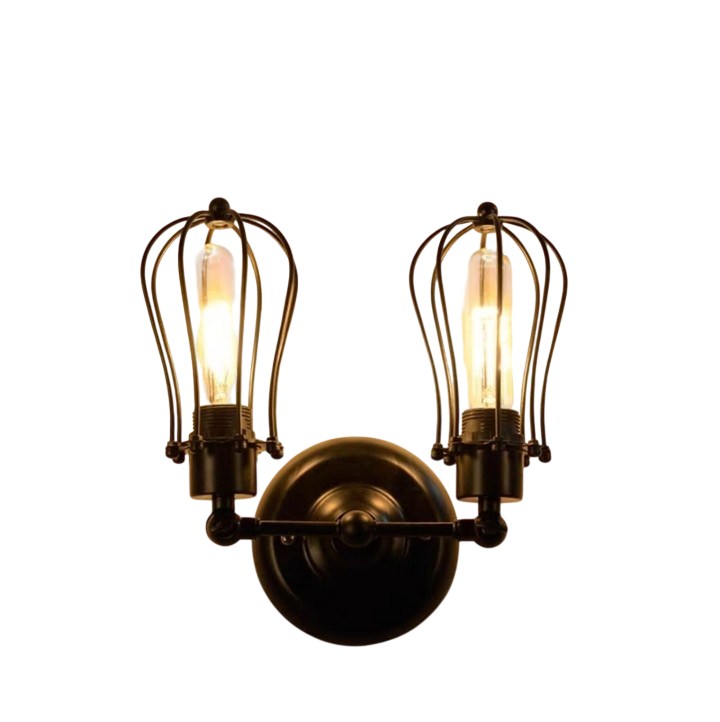Industrial Double Cage Wall Sconce, 2 Light Vintage Farmhouse Wall Lamp with E27 Sockets and LED Bulbs, Rustic Metal Wall Light for Bedroom, Hallway, Bar, Cafe, Restaurant
